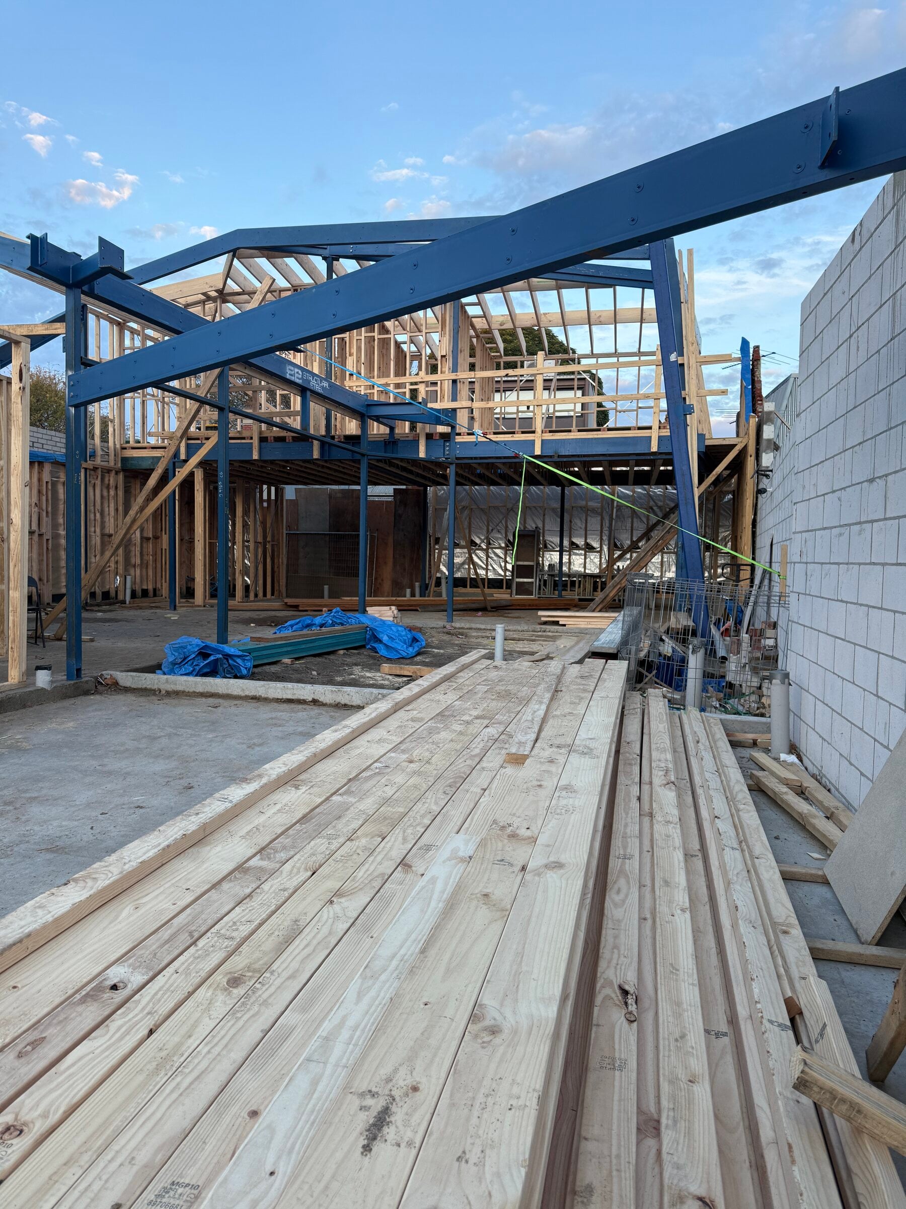 Steel and timber frame with scaffolding during the build, Port Melbourne